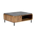 ** **Moderne salontafel met houten onderstel en betonnen blad**