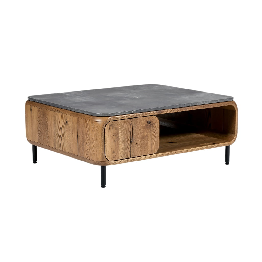** **Moderne salontafel met houten onderstel en betonnen blad**