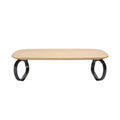 **Titel: Moderne houten salontafel met zwart metalen onderstel**