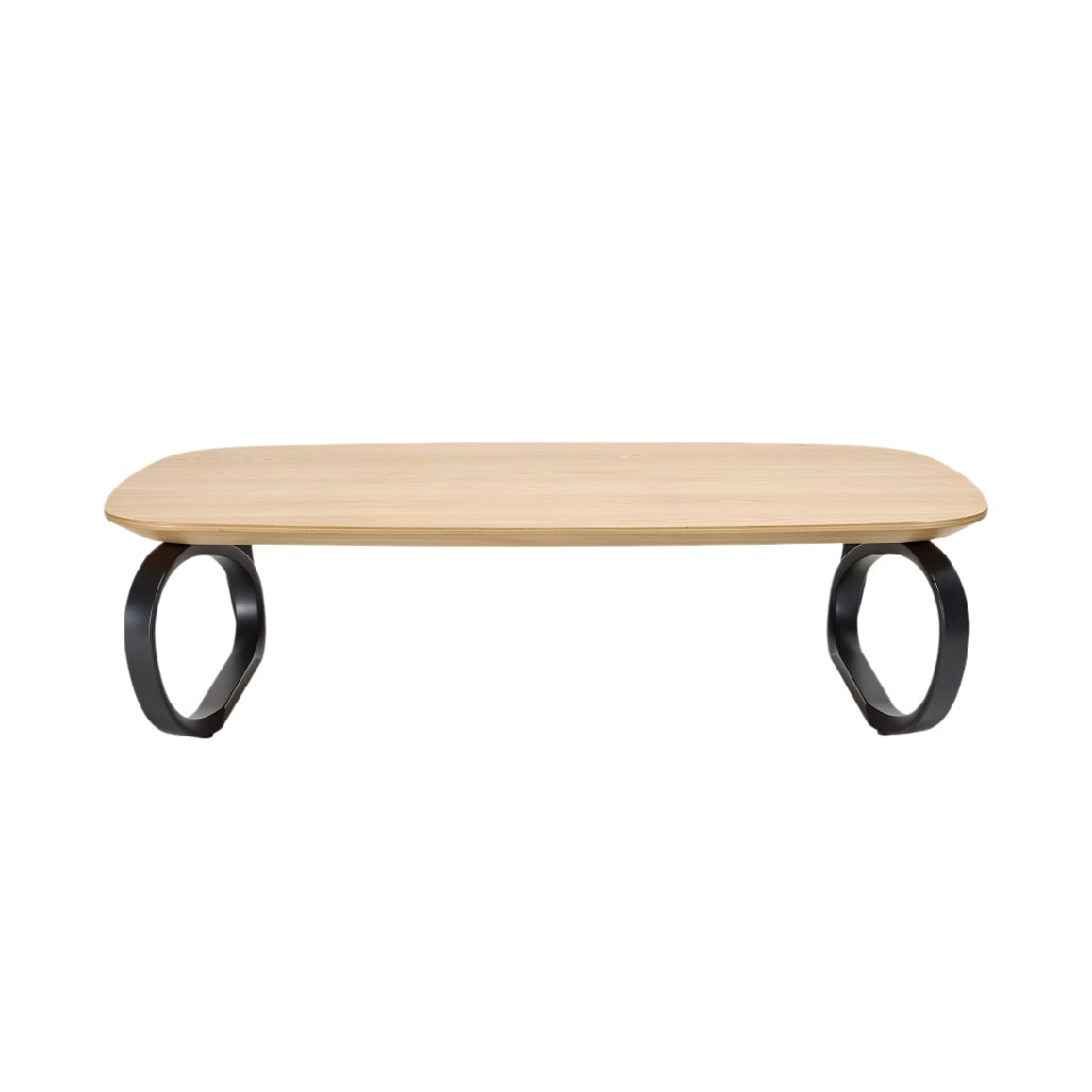 **Titel: Moderne houten salontafel met zwart metalen onderstel**