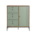 ** Moderne opbergkast met 3 lades en deuren in groene tint met metalen poten.