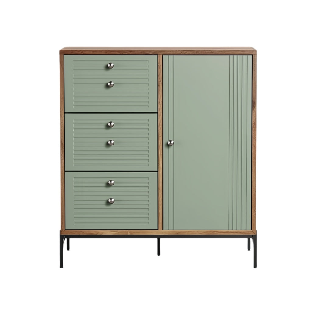 ** Moderne opbergkast met 3 lades en deuren in groene tint met metalen poten.